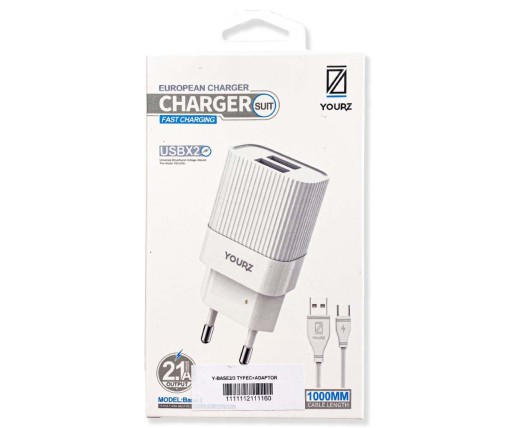 YOURZ Φορτιστής Fast Charge Με 2 USB Και Καλώδιο Type-C